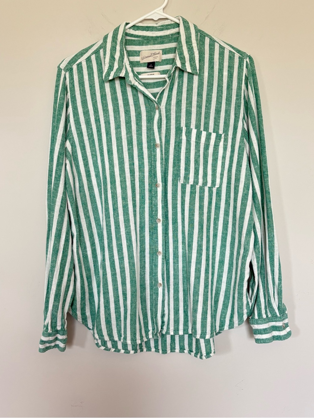 Universal Thread Green White Striped Linen Blend Button Down Shirt Size Medium M